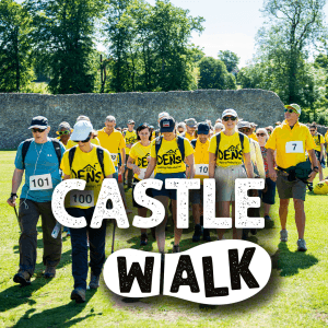 A group of people walking by Berkhamsted Castle
