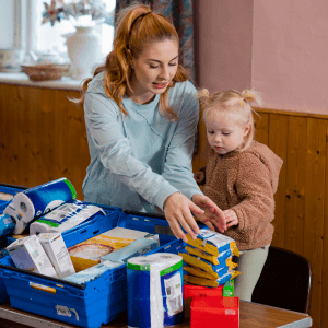 A mother and daughter at a foodbank